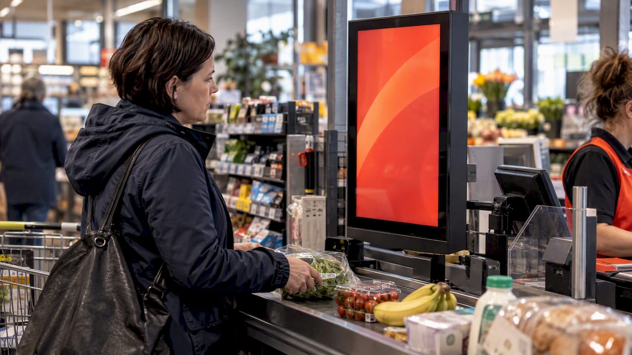 Kunde neben einem DOOH-Bildschirm an der Kasse