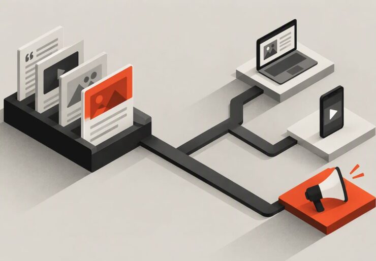 Geometric content cards connect across channel planes