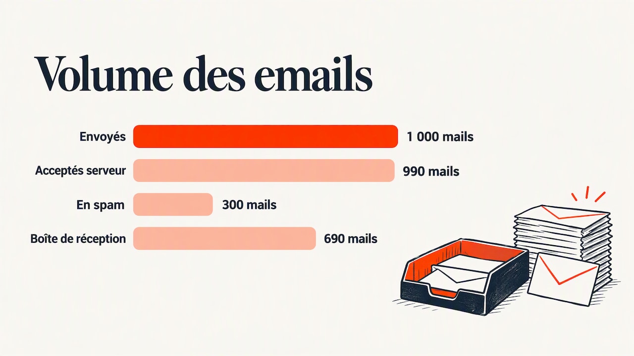 Répartition de mille emails entre acceptés, spam et boîte de réception